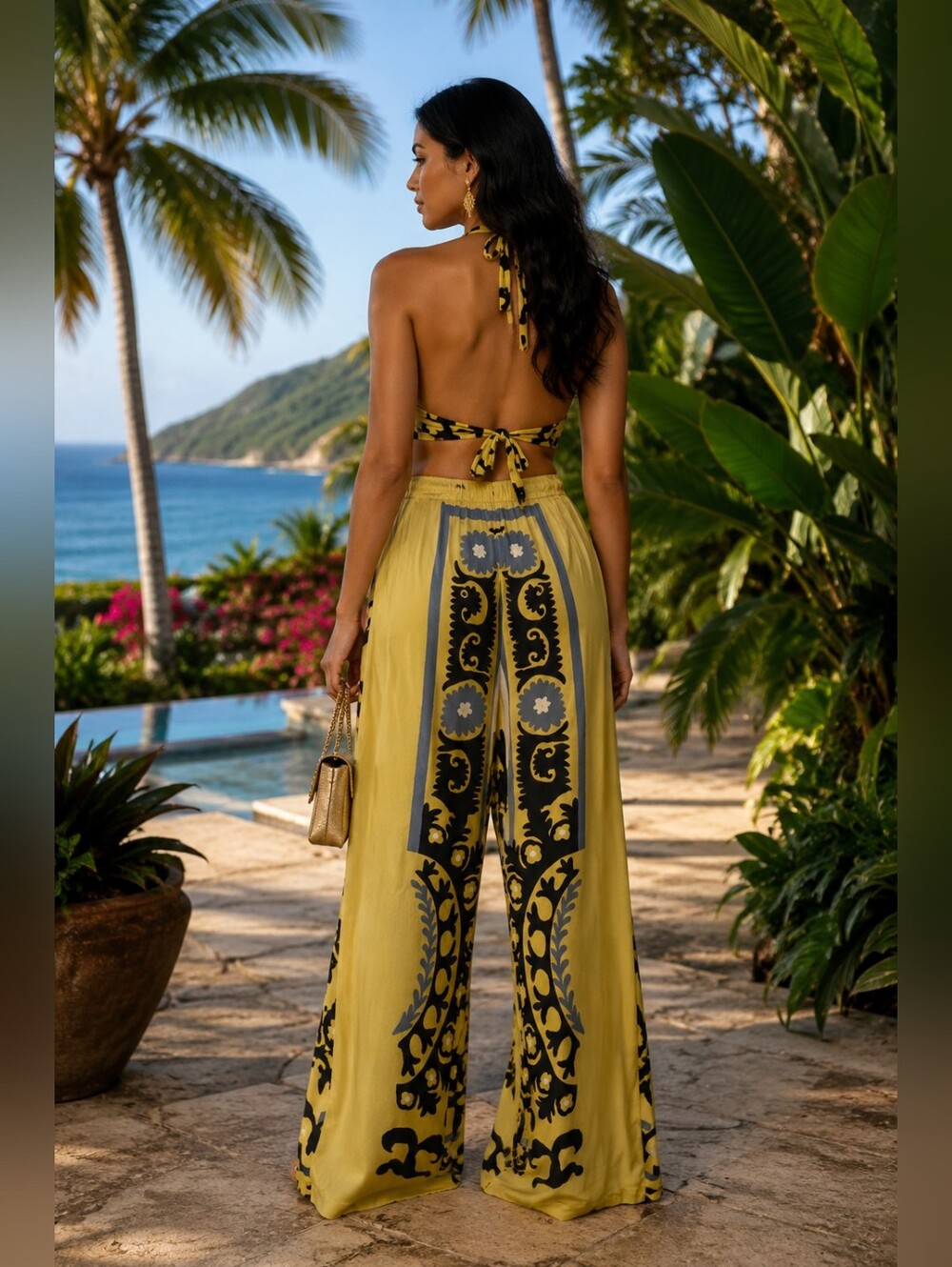NWOT Italian Satin R.G. Kane Finn Trouser Wide-Leg Palazzo Pants Yellow Blue S - Picture 2 of 13